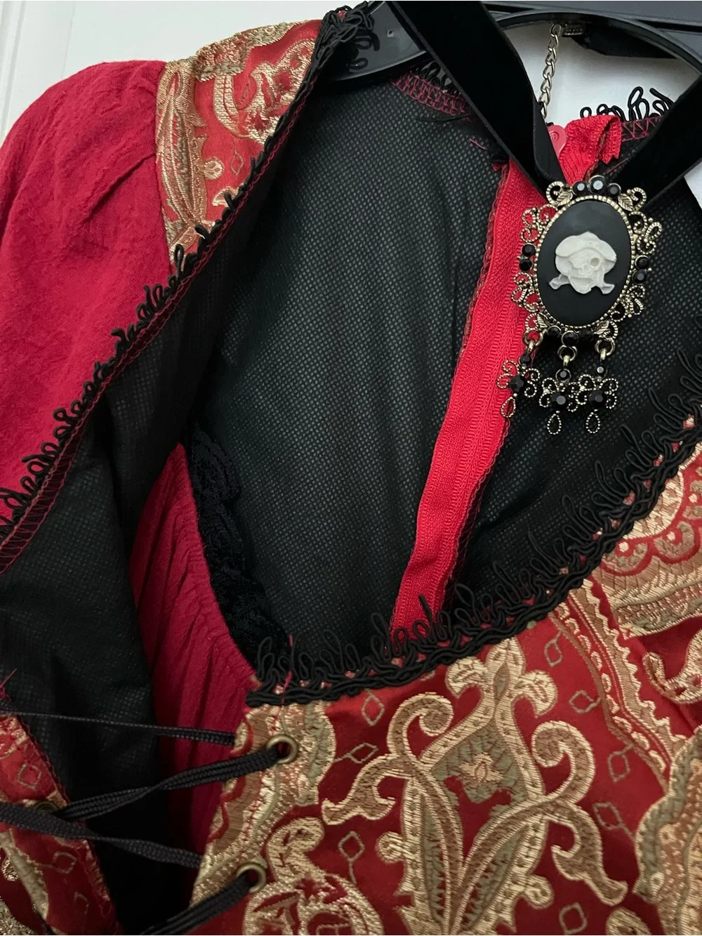Red Girls' Pirate Victorian Costume with Brocade Vest and Lace Cuffs